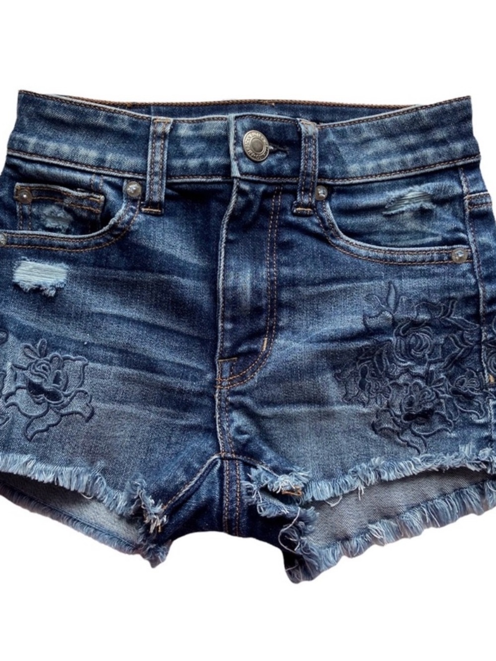 American Eagle Outfitters Denim High Rise Embroidered Frayed Denim Shorts